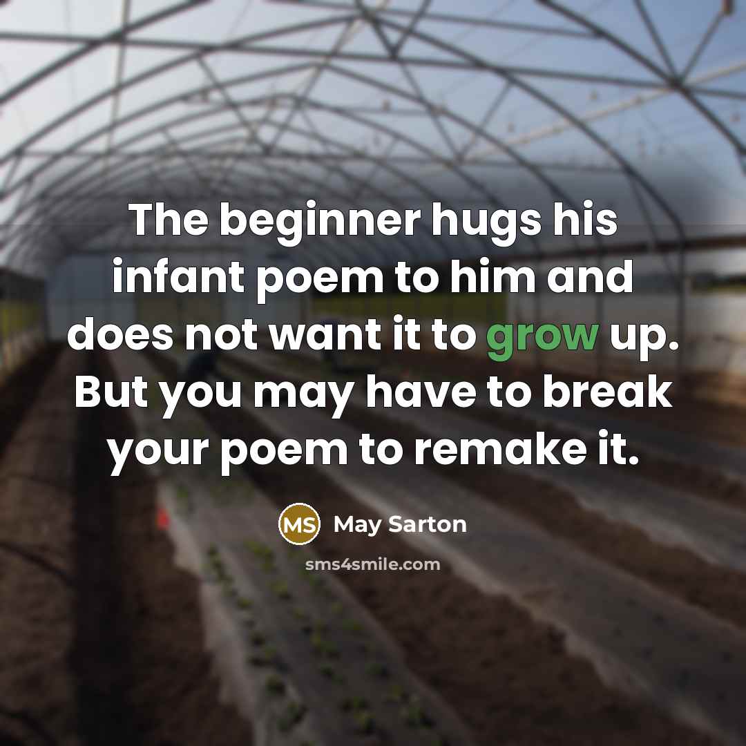 “The beginner hugs his infant poem to him and does…” quote by May Sarton