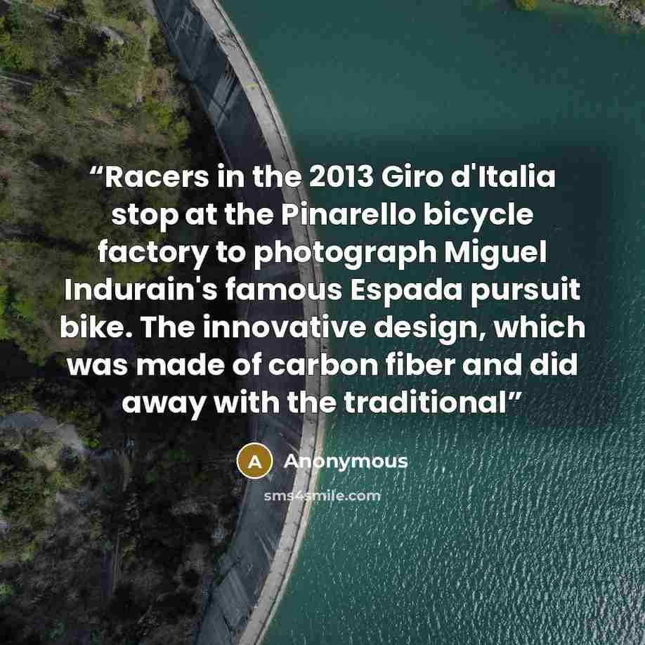 “Racers in the 2013 Giro d'Italia stop at the Pinarello bicycle factory to photograph Miguel Indurain's famous Espada pursuit bike. The innovative design, which was made of carbon fiber and did away with the traditional” quote by Anonymous