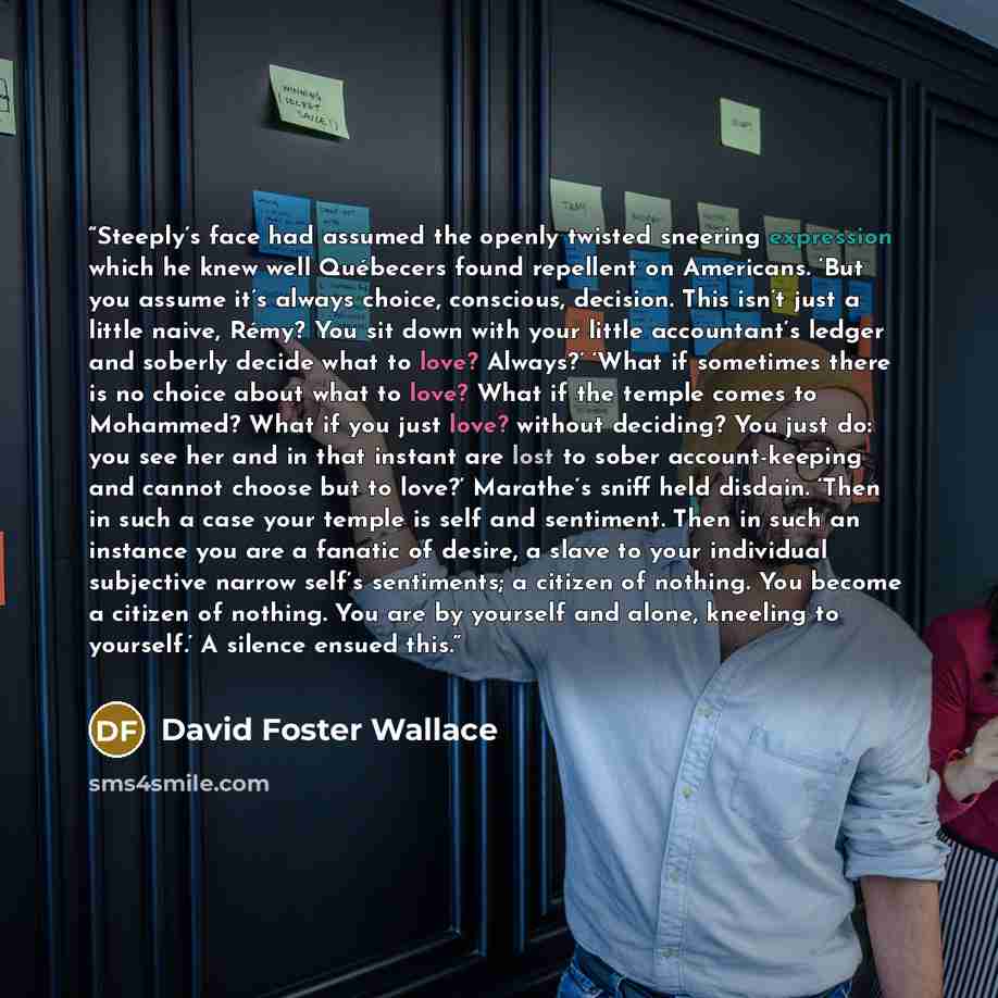 “Steeply’s face had assumed the openly twisted sneering expression which he knew well Québecers found repellent on Americans. ‘But you assume it’s always choice, conscious, decision. This isn’t just a little naive, Rémy? You sit down with your little accountant’s ledger and soberly decide what to…” quote by David Foster Wallace
