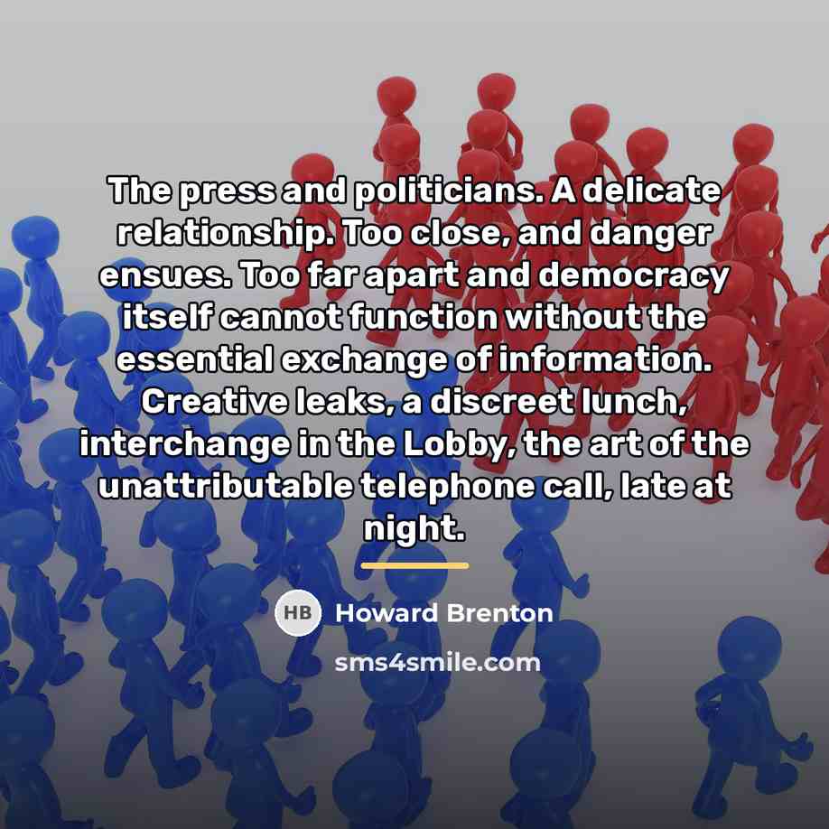 “The press and politicians. A delicate relationship. Too close, and…” quote by Howard Brenton