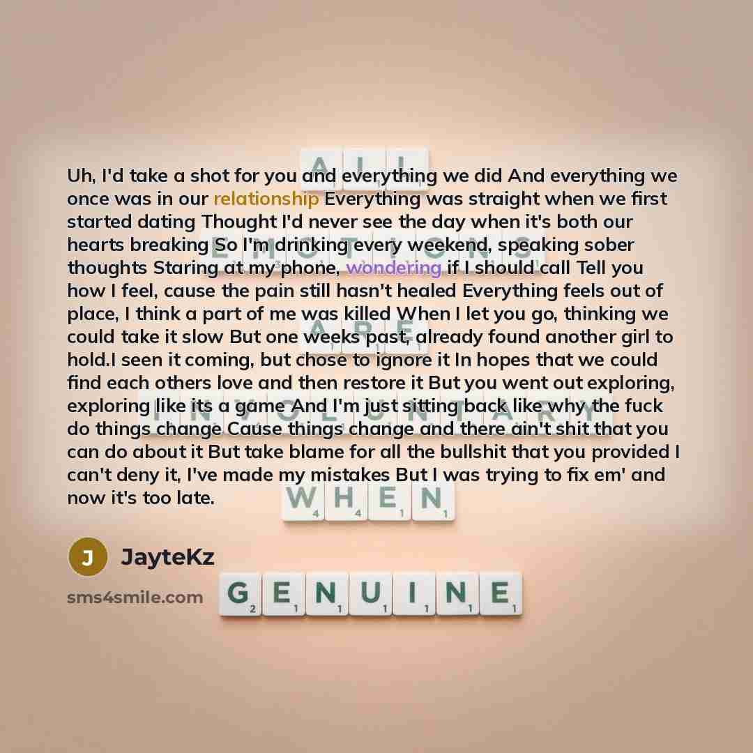 “Uh, I'd take a shot for you and everything we did And everything we once was in our relationship Everything was straight when we first started dating Thought I'd never see the day when it's both our hearts breaking So I'm drinking every weekend, speaking sober thoughts Staring at my phone…” quote by Jaytekz