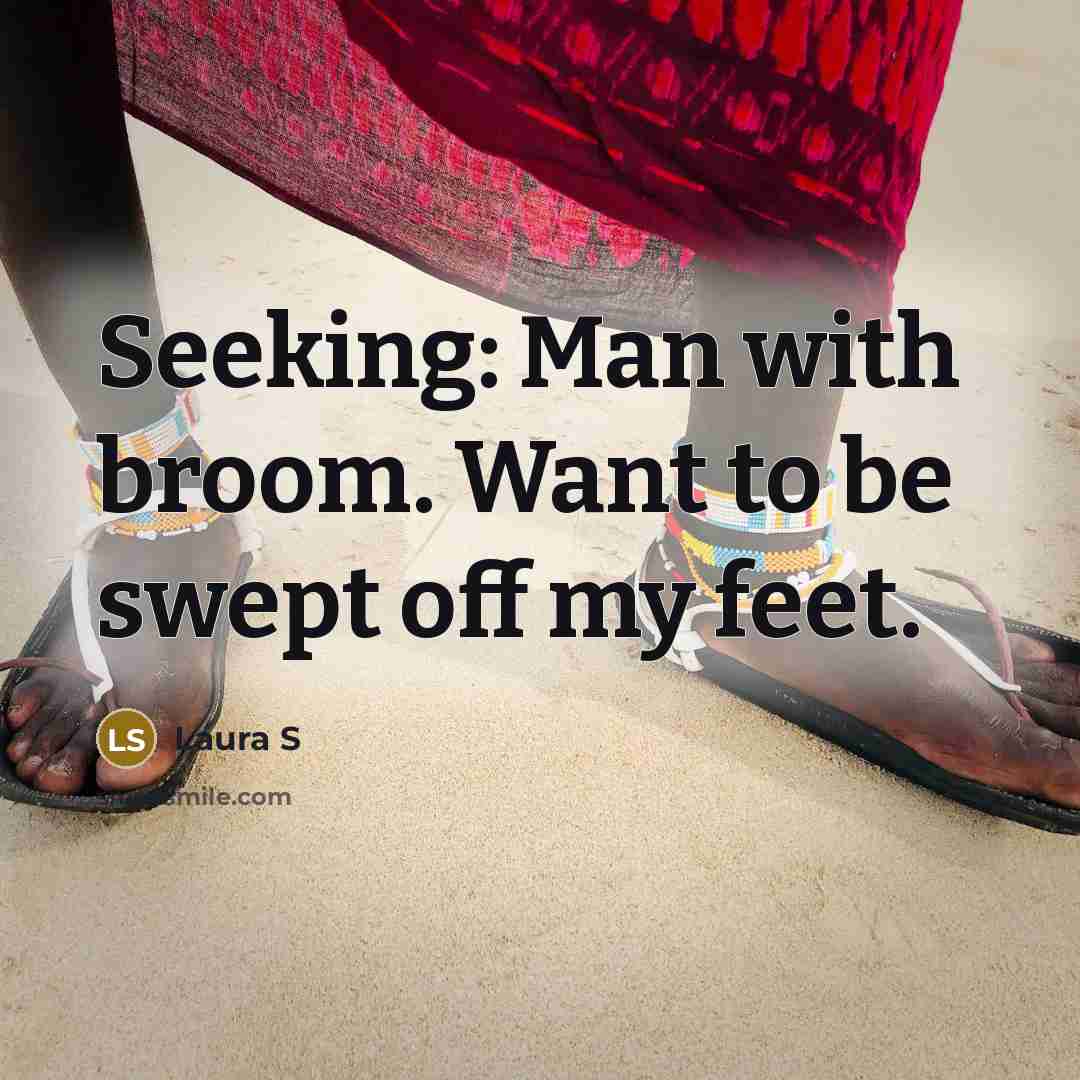 “Seeking: Man with broom. Want to be swept off my…” quote by Laura S