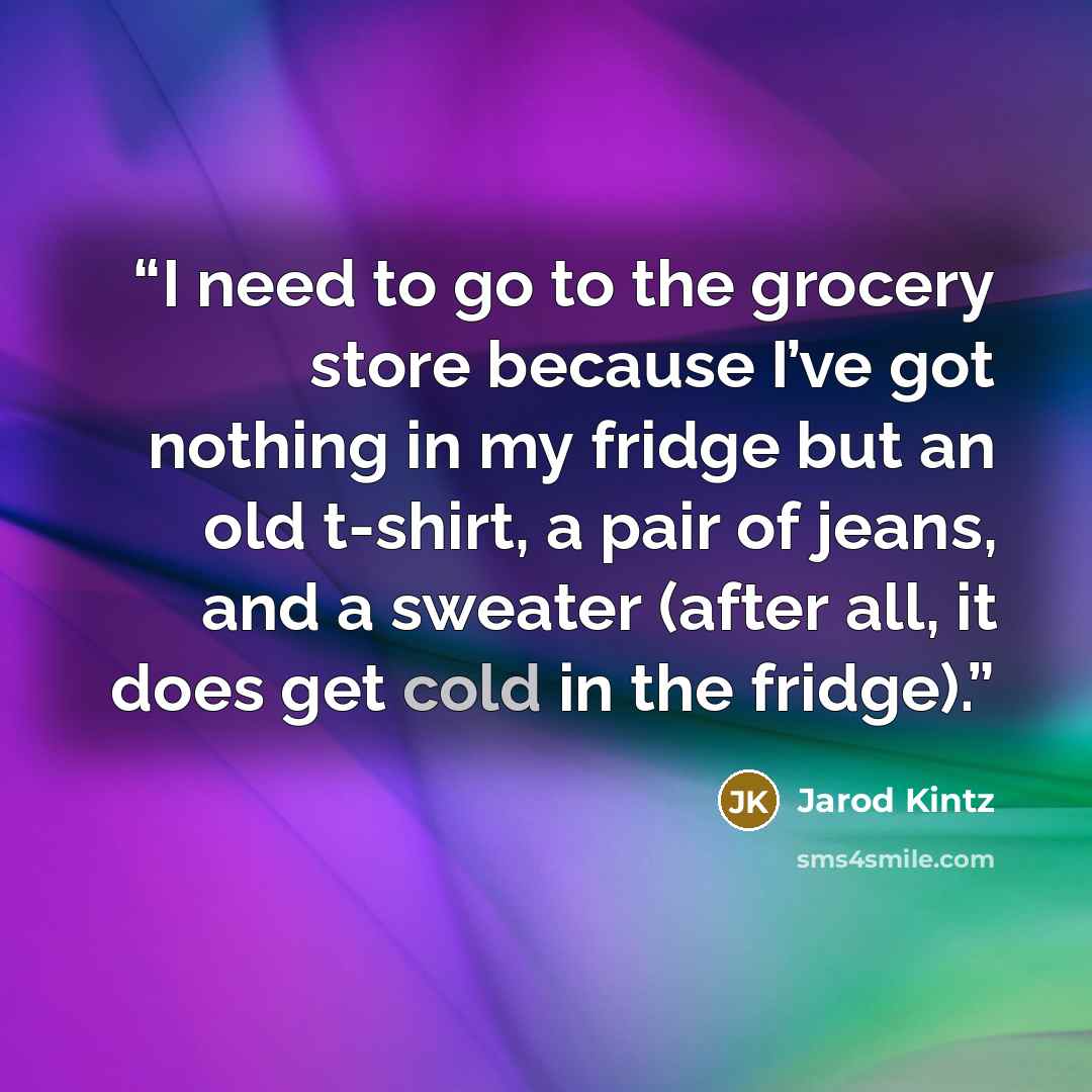 “I need to go to the grocery store because I’ve got nothing in my fridge but an old t-shirt, a pair of jeans, and a sweater (after all, it does get cold in the fridge).” quote by Jarod Kintz