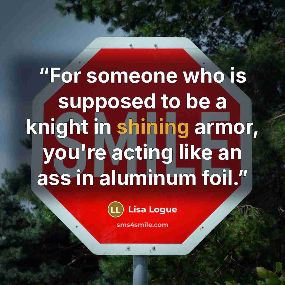 “For someone who is supposed to be a knight in shining armor, you're acting like an ass in aluminum foil.” quote by Lisa Logue