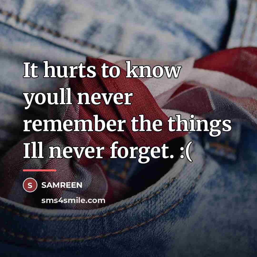 “It hurts to know youll never remember the things Ill…” quote by Samreen