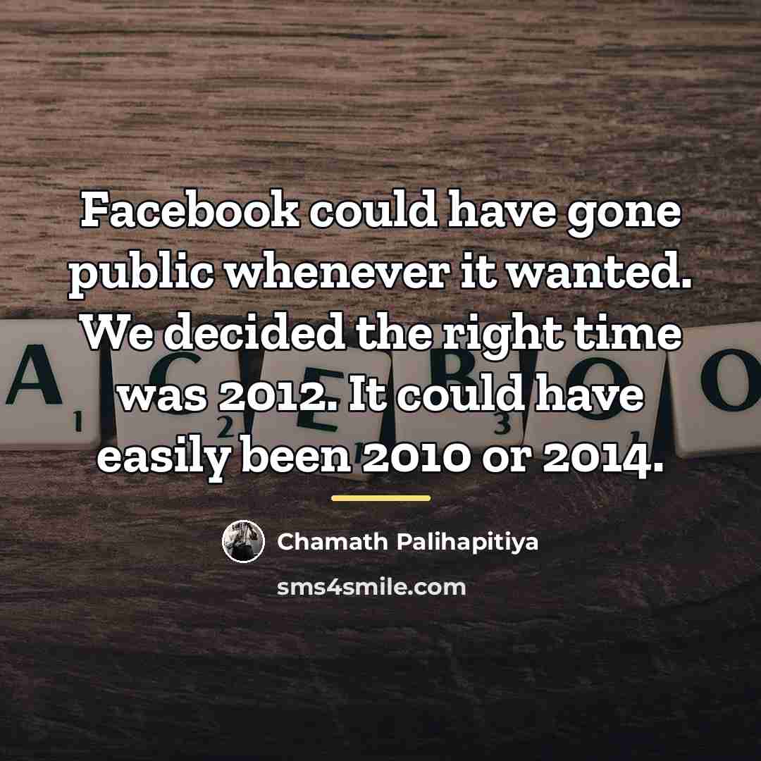 “Facebook could have gone public whenever it wanted. We decided…” quote by Chamath Palihapitiya