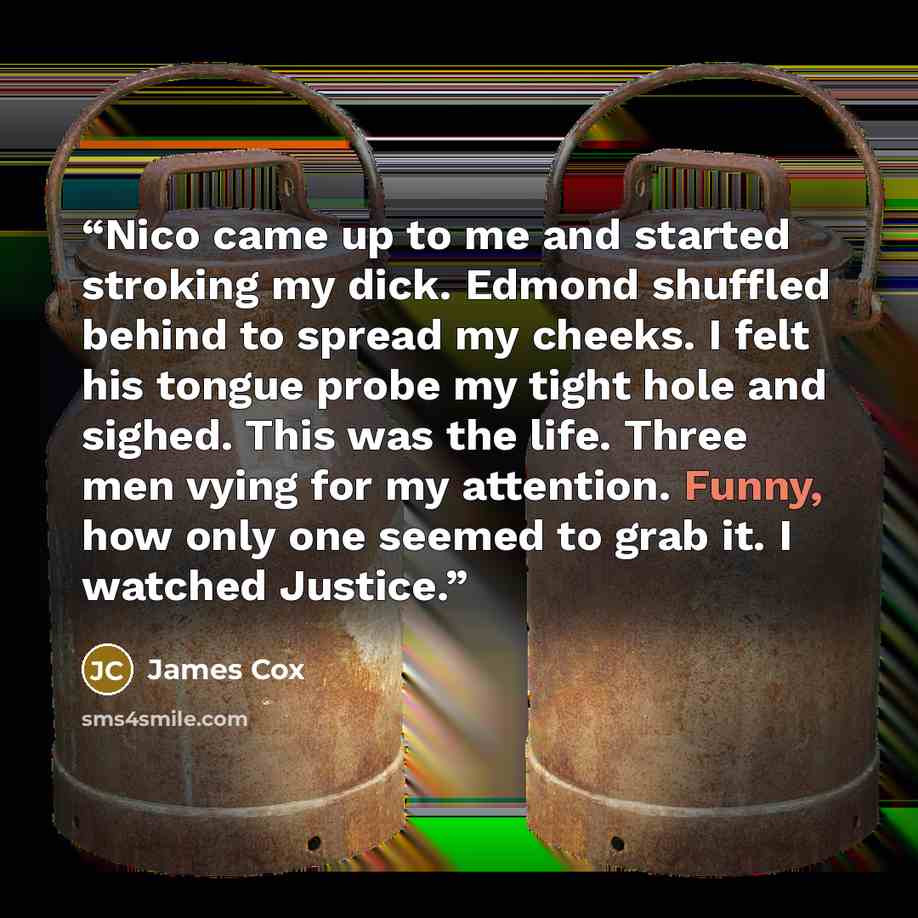 “Nico came up to me and started stroking my dick. Edmond shuffled behind to spread my cheeks. I felt his tongue probe my tight hole and sighed. This was the life. Three men vying for my attention. Funny, how only one seemed to grab it. I watched Justice.” quote by James Cox