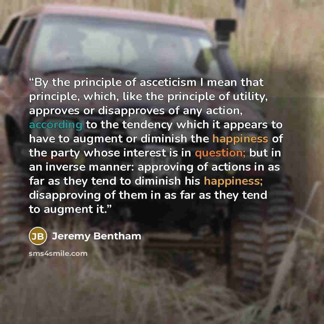 “By the principle of asceticism I mean that principle, which, like the principle of utility, approves or disapproves of any action, according to the tendency which it appears to have to augment or diminish the happiness of the party whose interest is in question; but in an inverse manner: approving…” quote by Jeremy Bentham