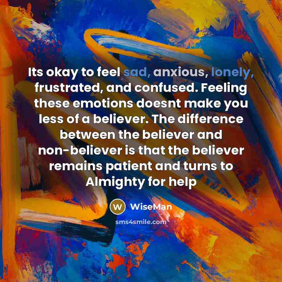 “Its okay to feel sad, anxious, lonely, frustrated, and confused. Feeling these emotions doesnt make you less of a believer. The difference between the believer and non-believer is that the believer remains patient and turns to Almighty for help” quote by WiseMan