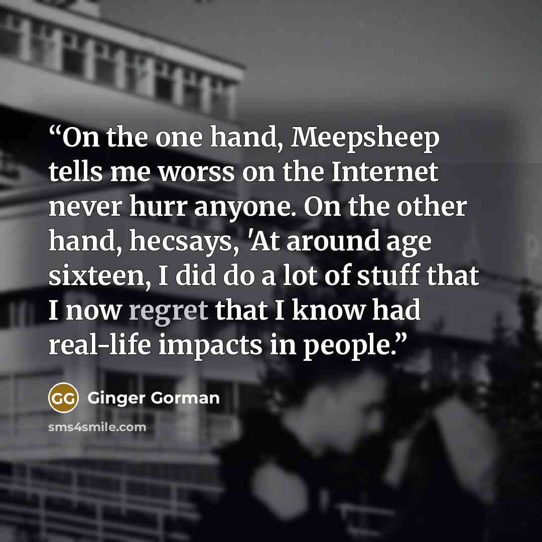 “On the one hand, Meepsheep tells me worss on the Internet never hurr anyone. On the other hand, hecsays, 'At around age sixteen, I did do a lot of stuff that I now regret that I know had real-life impacts in people.” quote by Ginger Gorman