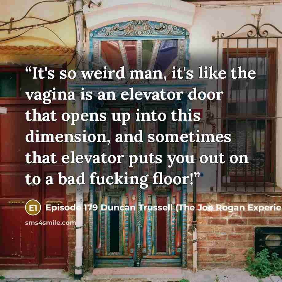 “It's so weird man, it's like the vagina is an elevator door that opens up into this dimension, and sometimes that elevator puts you out on to a bad fucking floor!” quote by Episode 179 Duncan Trussell (The Joe Rogan Experience