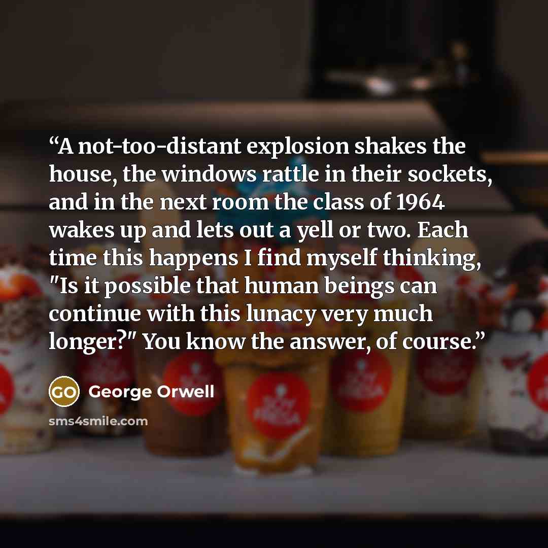 “A not-too-distant explosion shakes the house, the windows rattle in their sockets, and in the next room the class of 1964 wakes up and lets out a yell or two. Each time this happens I find myself thinking, "Is it possible that human beings can continue with this lunacy very much longer?" You know…” quote by George Orwell