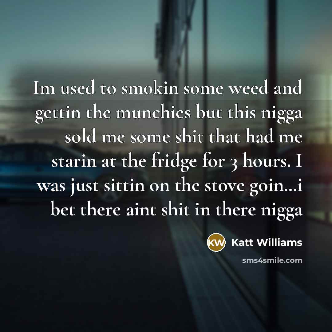 “Im used to smokin some weed and gettin the munchies but this nigga sold me some shit that had me starin at the fridge for 3 hours. I was just sittin on the stove goin…i bet there aint shit in there nigga” quote by Katt Williams