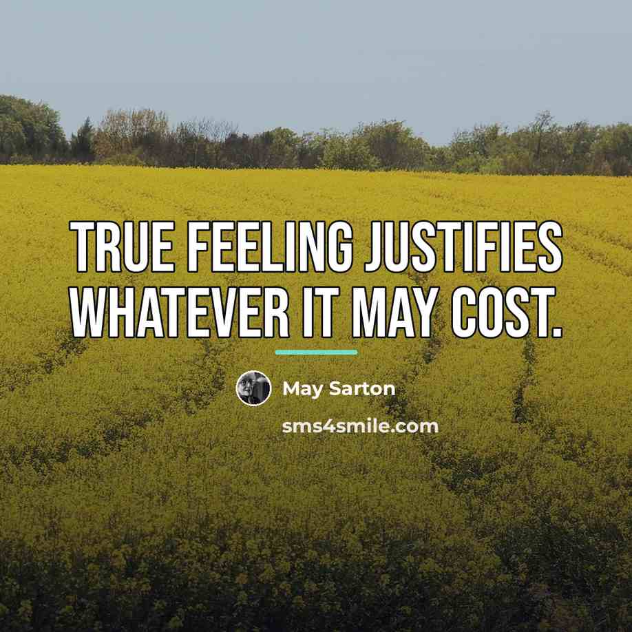 “True feeling justifies whatever it may cost.…” quote by May Sarton