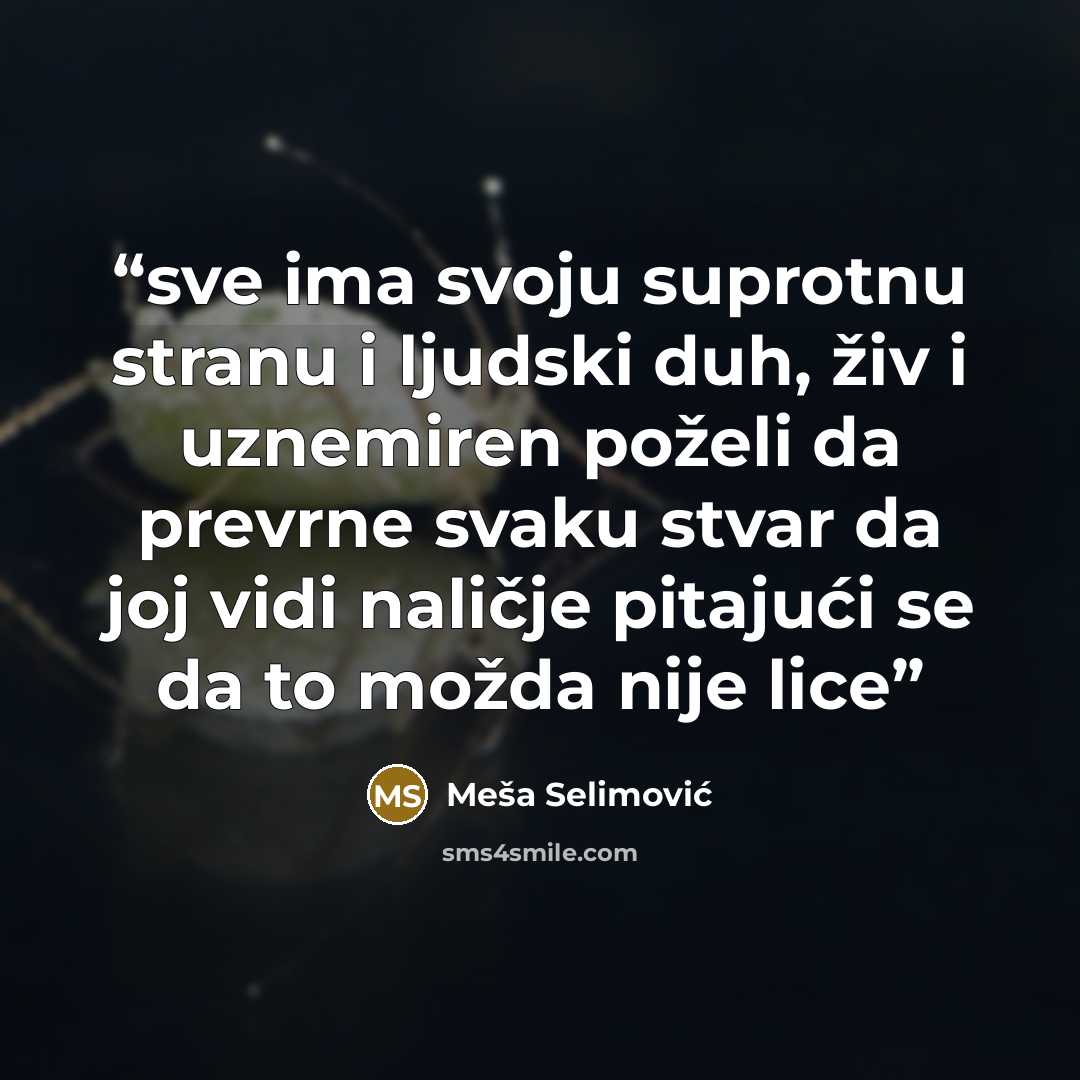 “sve ima svoju suprotnu stranu i ljudski duh, živ i uznemiren poželi da prevrne svaku stvar da joj vidi naličje pitajući se da to možda nije lice” quote by Meša Selimović