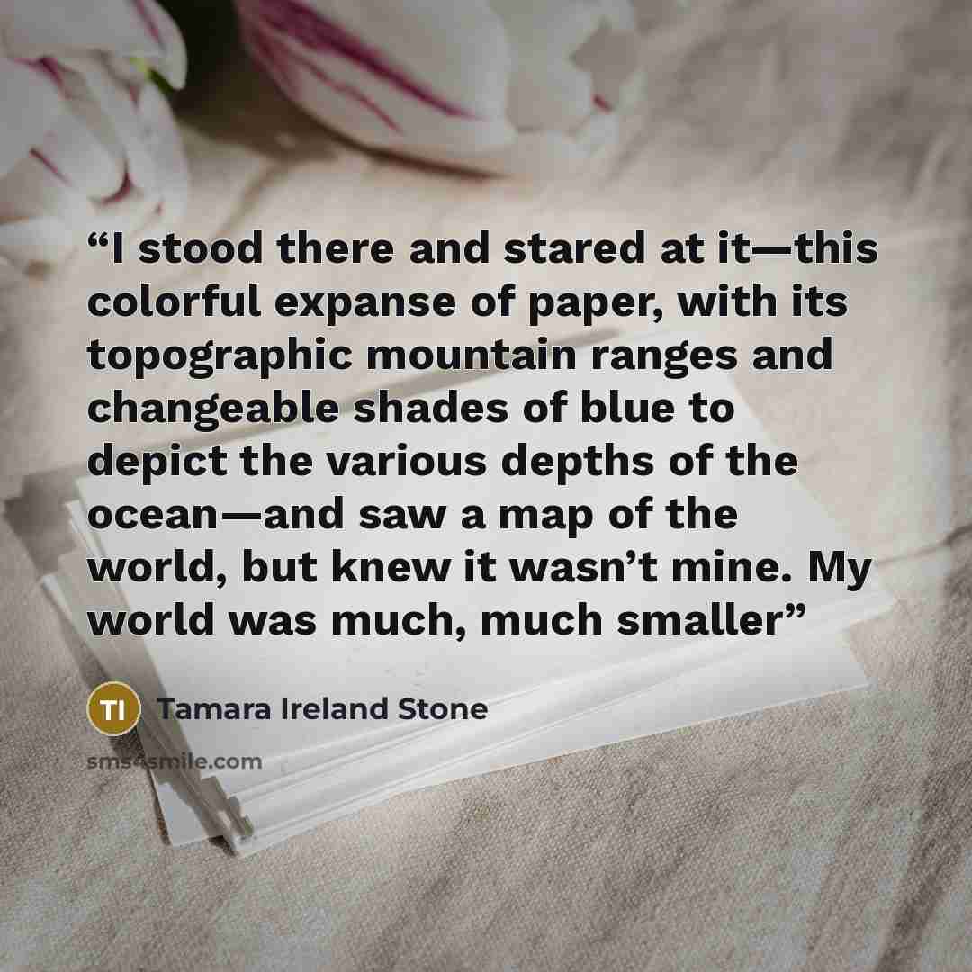“I stood there and stared at it—this colorful expanse of paper, with its topographic mountain ranges and changeable shades of blue to depict the various depths of the ocean—and saw a map of the world, but knew it wasn’t mine. My world was much, much smaller” quote by Tamara Ireland Stone