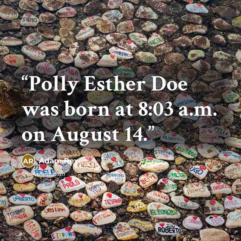 “Polly Esther Doe was born at 8:03 a.m. on August 14.” quote by Adam Rex