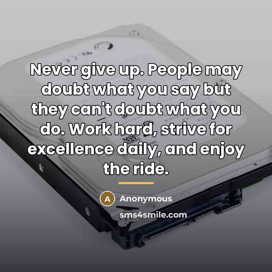 “Never give up. People may doubt what you say but…” quote by Anonymous
