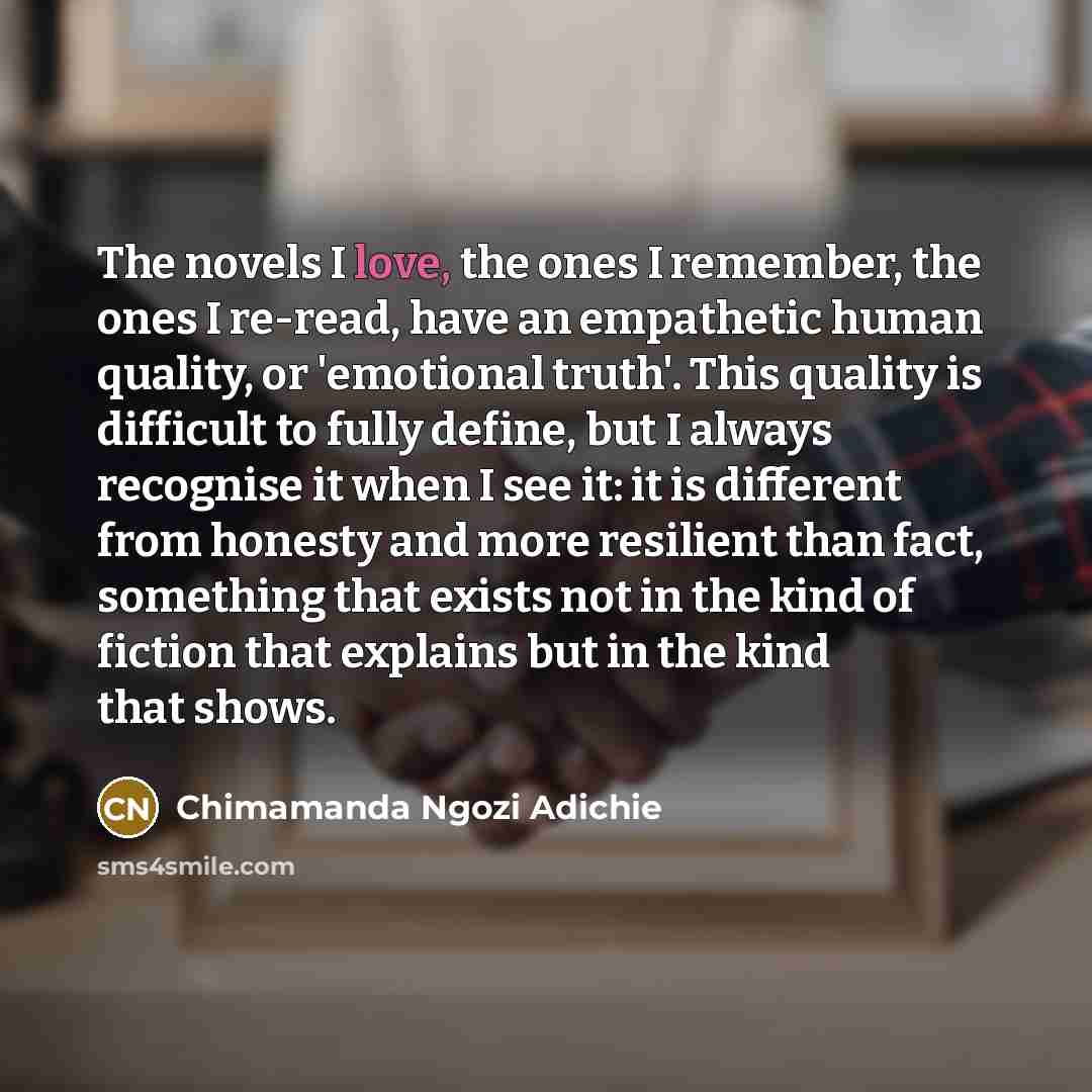 “The novels I love, the ones I remember, the ones…” quote by Chimamanda Ngozi Adichie