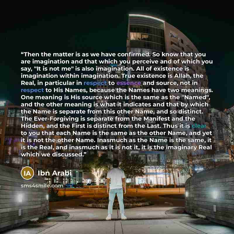 “Then the matter is as we have confirmed. So know that you are imagination and that which you perceive and of which you say, "It is not me" is also imagination. All of existence is imagination within imagination. True existence is Allah, the Real, in particular in respect to essence and source, not…” quote by Ibn Arabi