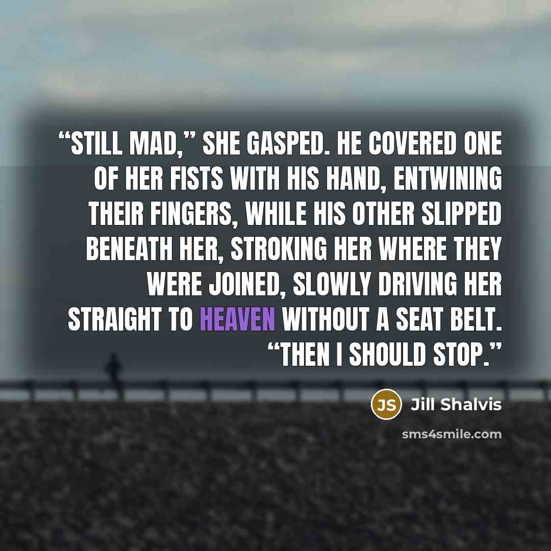 “Still mad,” she gasped. He covered one of her fists with his hand, entwining their fingers, while his other slipped beneath her, stroking her where they were joined, slowly driving her straight to heaven without a seat belt. “Then I should stop.” quote by Jill Shalvis