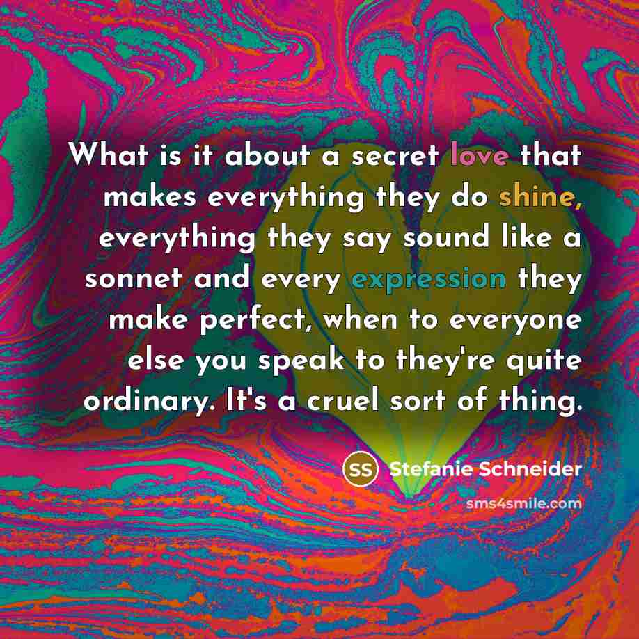 “What is it about a secret love that makes everything…” quote by Stefanie Schneider