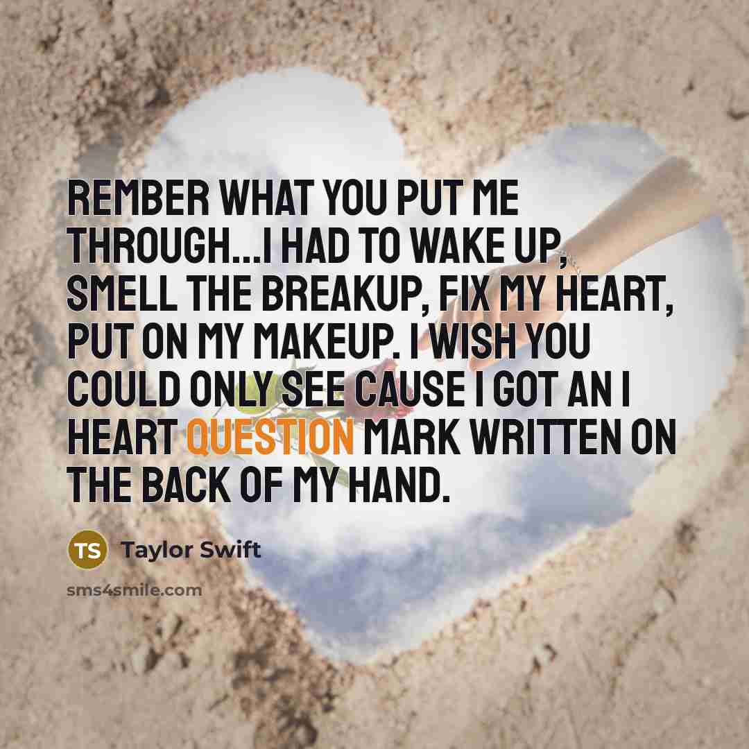 “Rember what you put me through...I had to wake up, smell the breakup, fix my heart, put on my makeup. I wish you could only see cause I got an I heart question mark written on the back of my hand.” quote by Taylor Swift