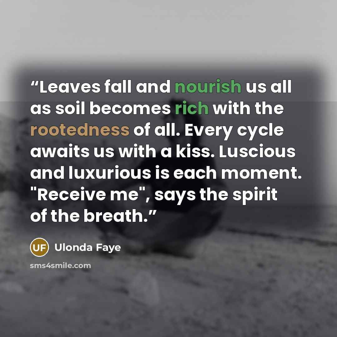 “Leaves fall and nourish us all as soil becomes rich with the rootedness of all. Every cycle awaits us with a kiss. Luscious and luxurious is each moment. "Receive me", says the spirit of the breath.” quote by Ulonda Faye