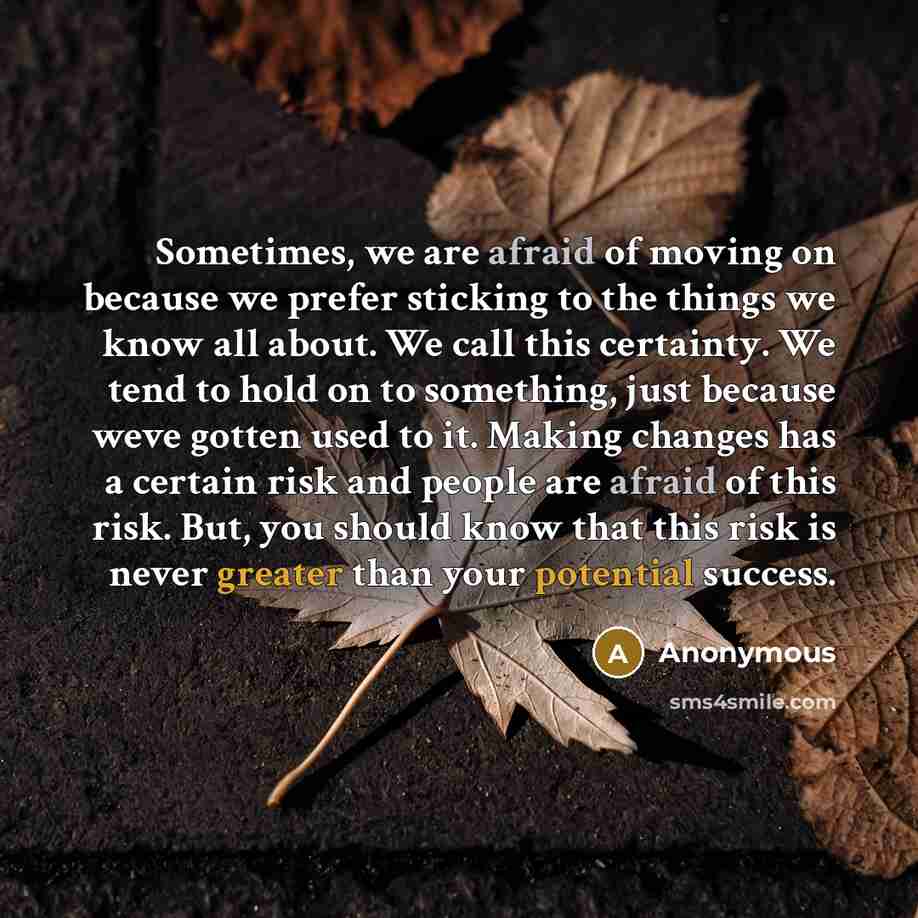 “Sometimes, we are afraid of moving on because we prefer sticking to the things we know all about. We call this certainty. We tend to hold on to something, just because weve gotten used to it. Making changes has a certain risk and people are afraid of this risk. But, you should know that this risk…” quote by Anonymous