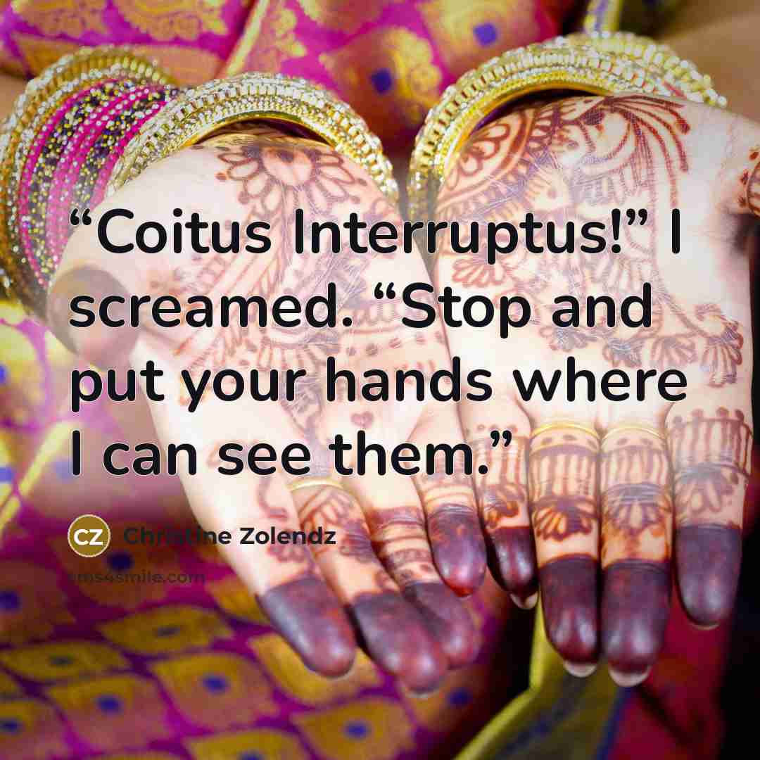 “Coitus Interruptus!” I screamed. “Stop and put your hands where I can see them.” quote by Christine Zolendz