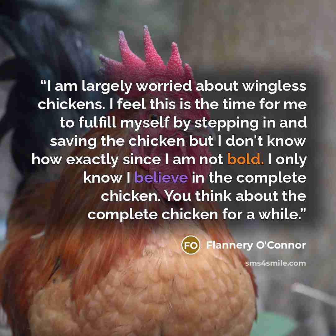 “I am largely worried about wingless chickens. I feel this is the time for me to fulfill myself by stepping in and saving the chicken but I don't know how exactly since I am not bold. I only know I believe in the complete chicken. You think about the complete chicken for a while.” quote by Flannery O'Connor
