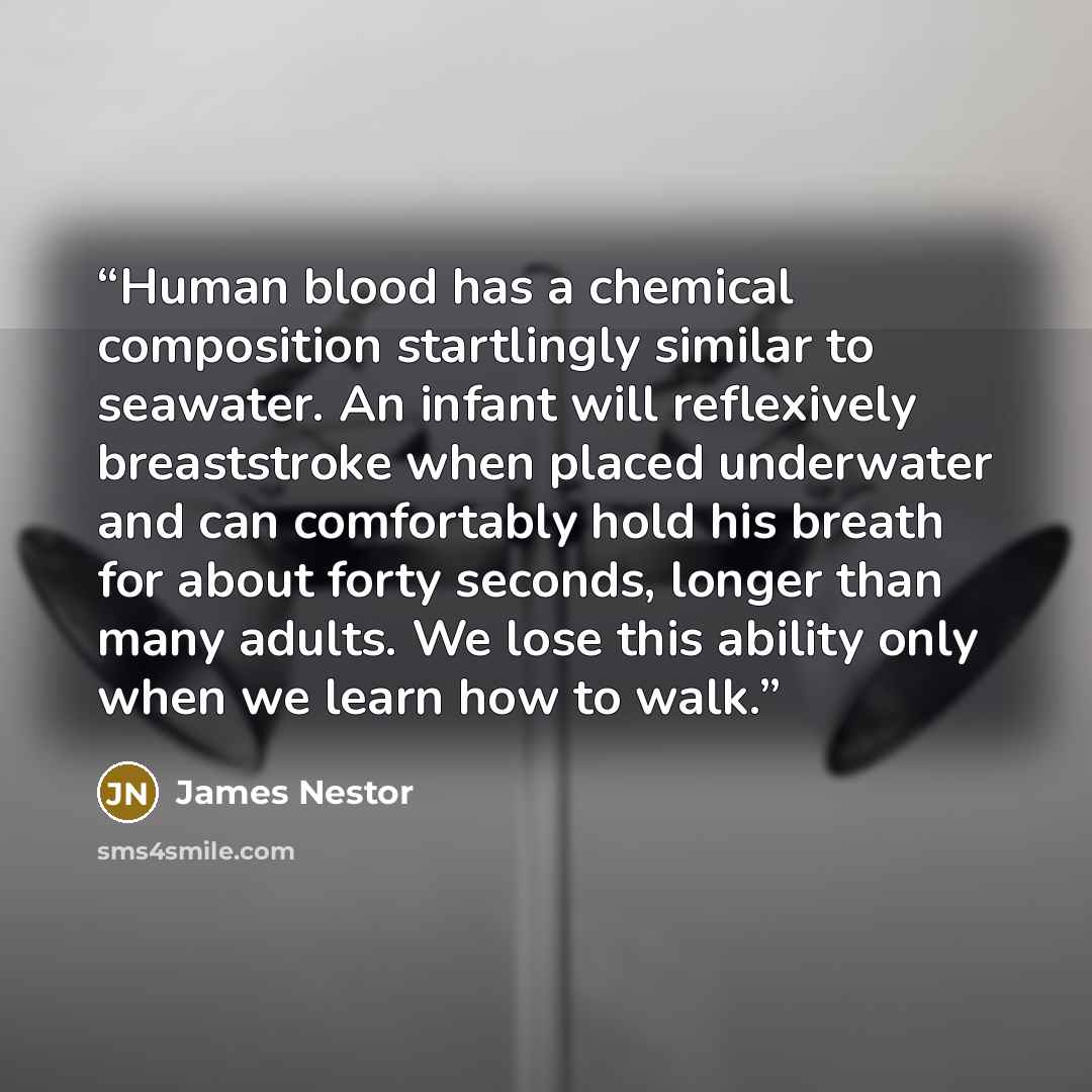 “Human blood has a chemical composition startlingly similar to seawater. An infant will reflexively breaststroke when placed underwater and can comfortably hold his breath for about forty seconds, longer than many adults. We lose this ability only when we learn how to walk.” quote by James Nestor