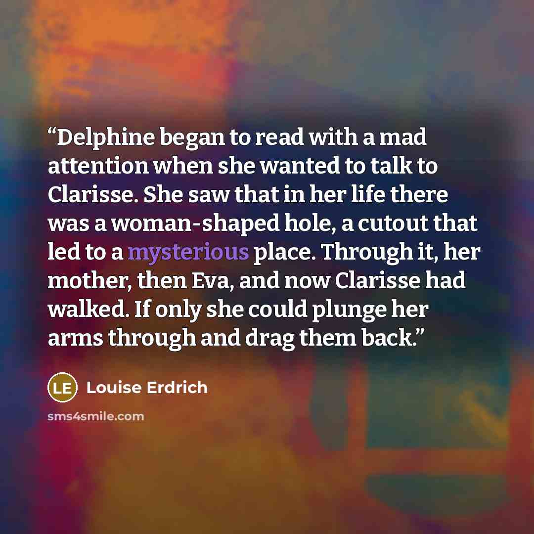 “Delphine began to read with a mad attention when she wanted to talk to Clarisse. She saw that in her life there was a woman-shaped hole, a cutout that led to a mysterious place. Through it, her mother, then Eva, and now Clarisse had walked. If only she could plunge her arms through and drag them…” quote by Louise Erdrich