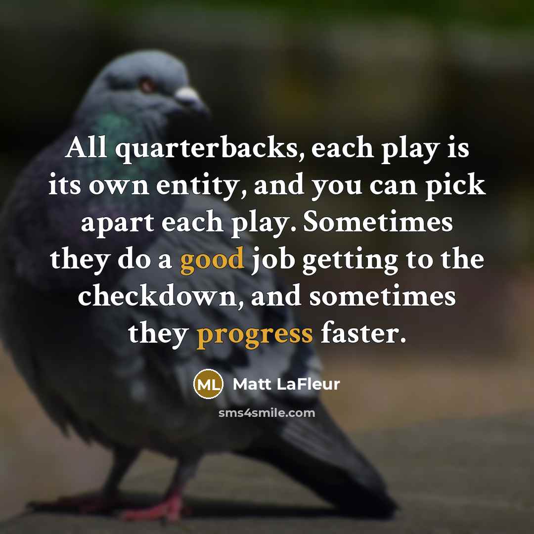“All quarterbacks, each play is its own entity, and you can pick apart each play. Sometimes they do a good job getting to the checkdown, and sometimes they progress faster.” quote by Matt LaFleur