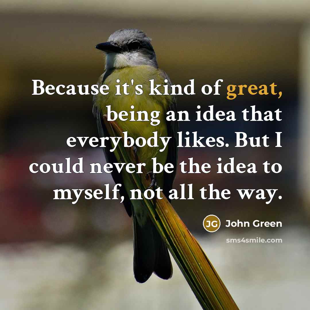 “Because it's kind of great, being an idea that everybody likes. But I could never be the idea to myself, not all the way.” quote by John Green