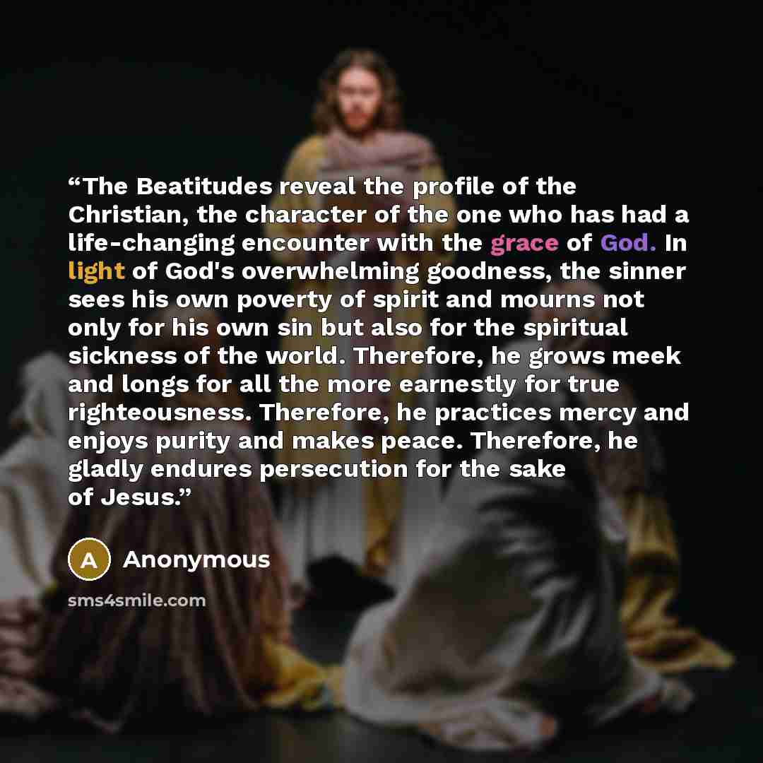 “The Beatitudes reveal the profile of the Christian, the character of the one who has had a life-changing encounter with the grace of God. In light of God's overwhelming goodness, the sinner sees his own poverty of spirit and mourns not only for his own sin but also for the spiritual sickness of…” quote by Anonymous