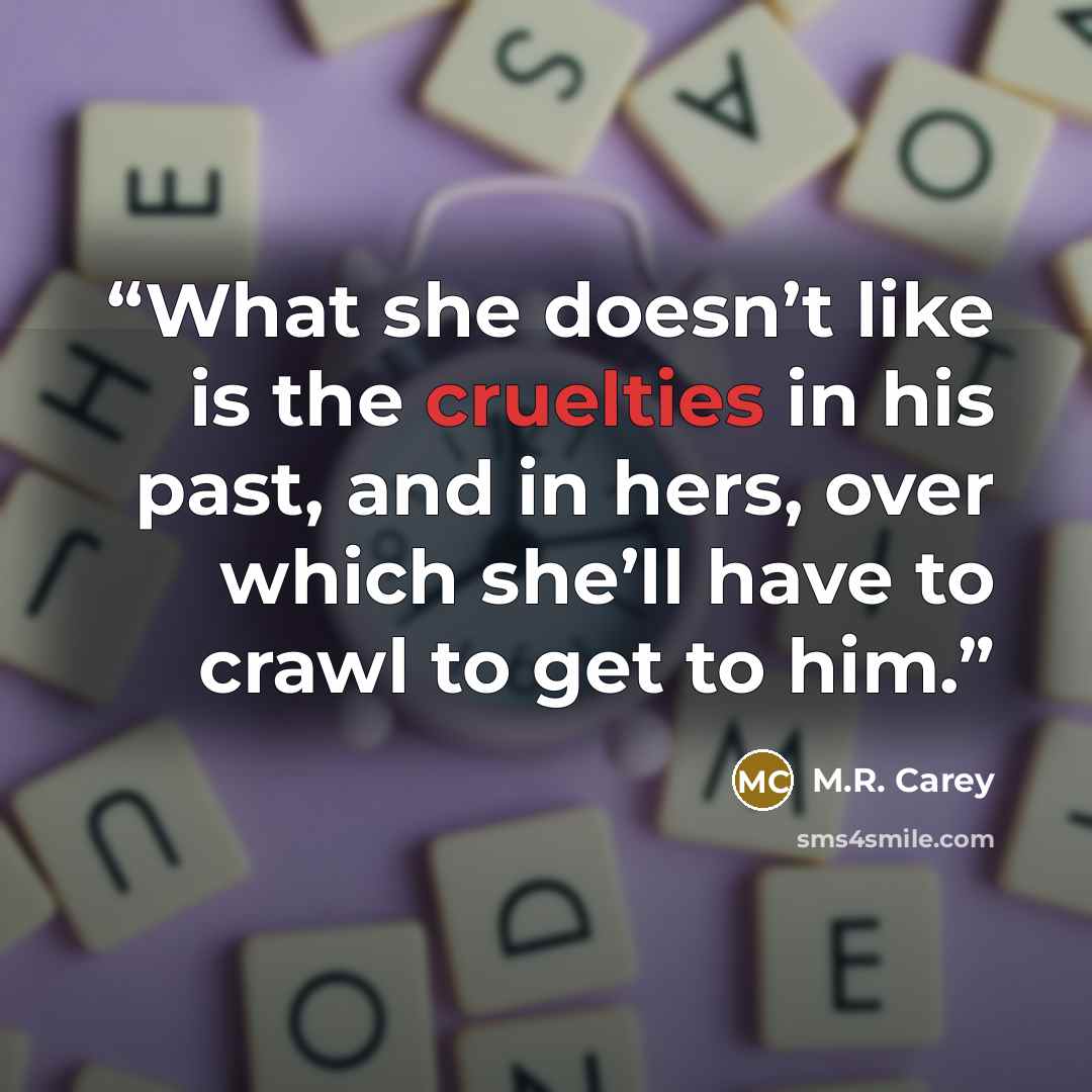“What she doesn’t like is the cruelties in his past, and in hers, over which she’ll have to crawl to get to him.” quote by M.R. Carey
