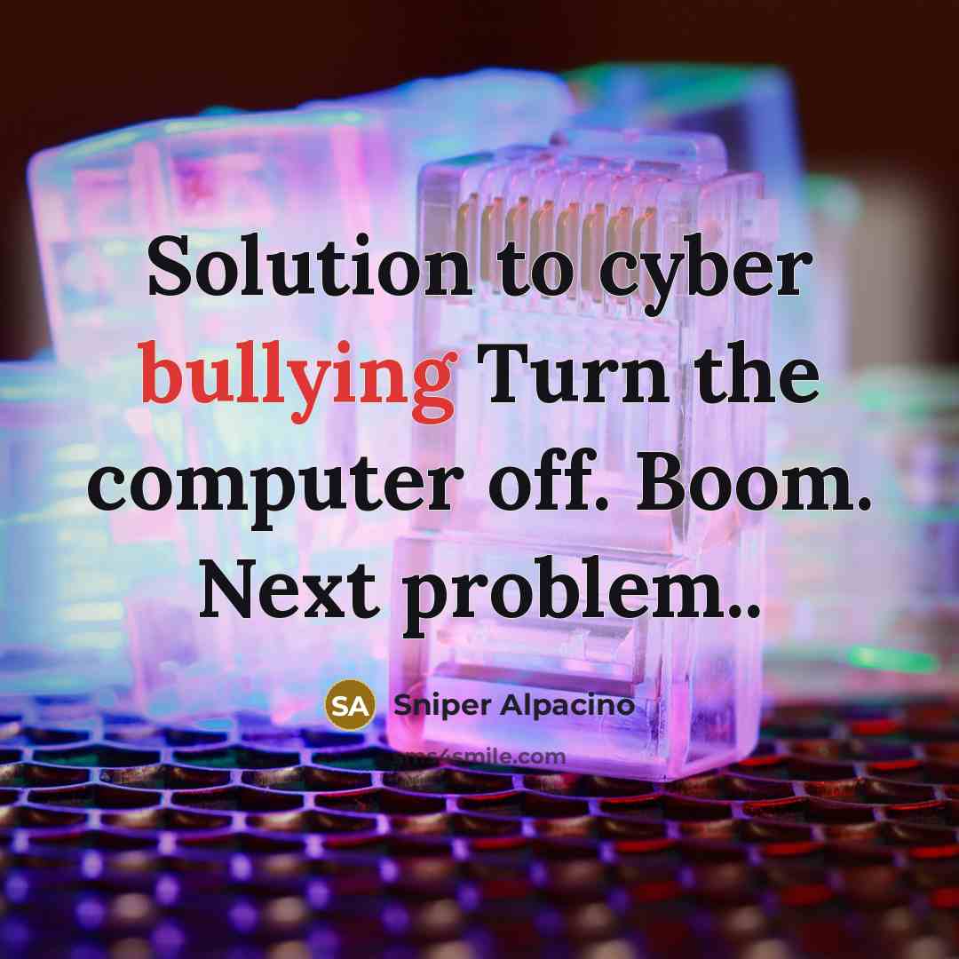 “Solution to cyber bullying Turn the computer off. Boom. Next…” quote by Sniper Alpacino