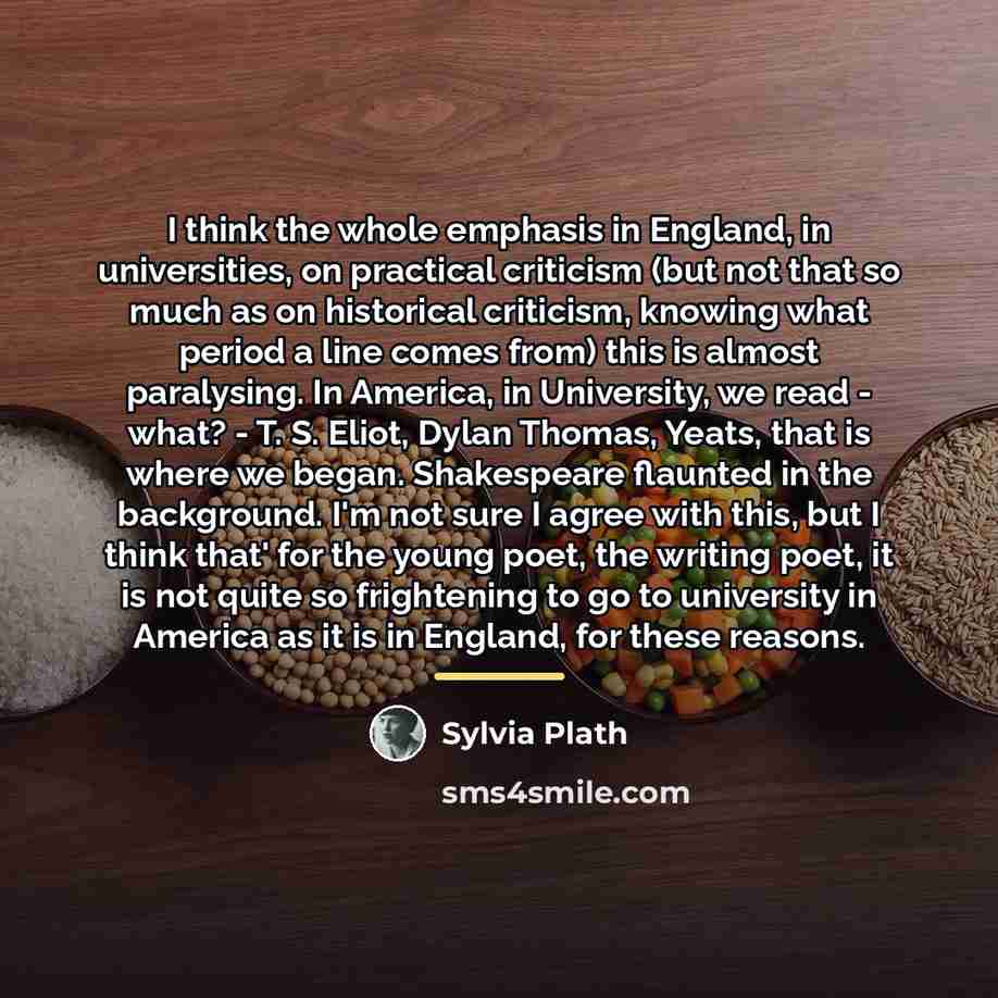 “I think the whole emphasis in England, in universities, on…” quote by Sylvia Plath