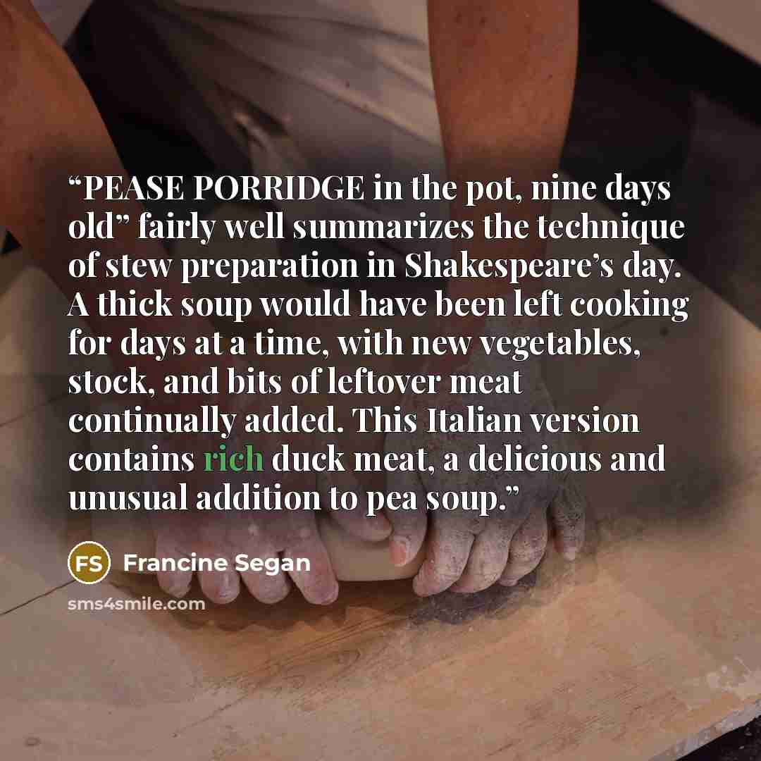 “PEASE PORRIDGE in the pot, nine days old” fairly well summarizes the technique of stew preparation in Shakespeare’s day. A thick soup would have been left cooking for days at a time, with new vegetables, stock, and bits of leftover meat continually added. This Italian version contains rich duck…” quote by Francine Segan