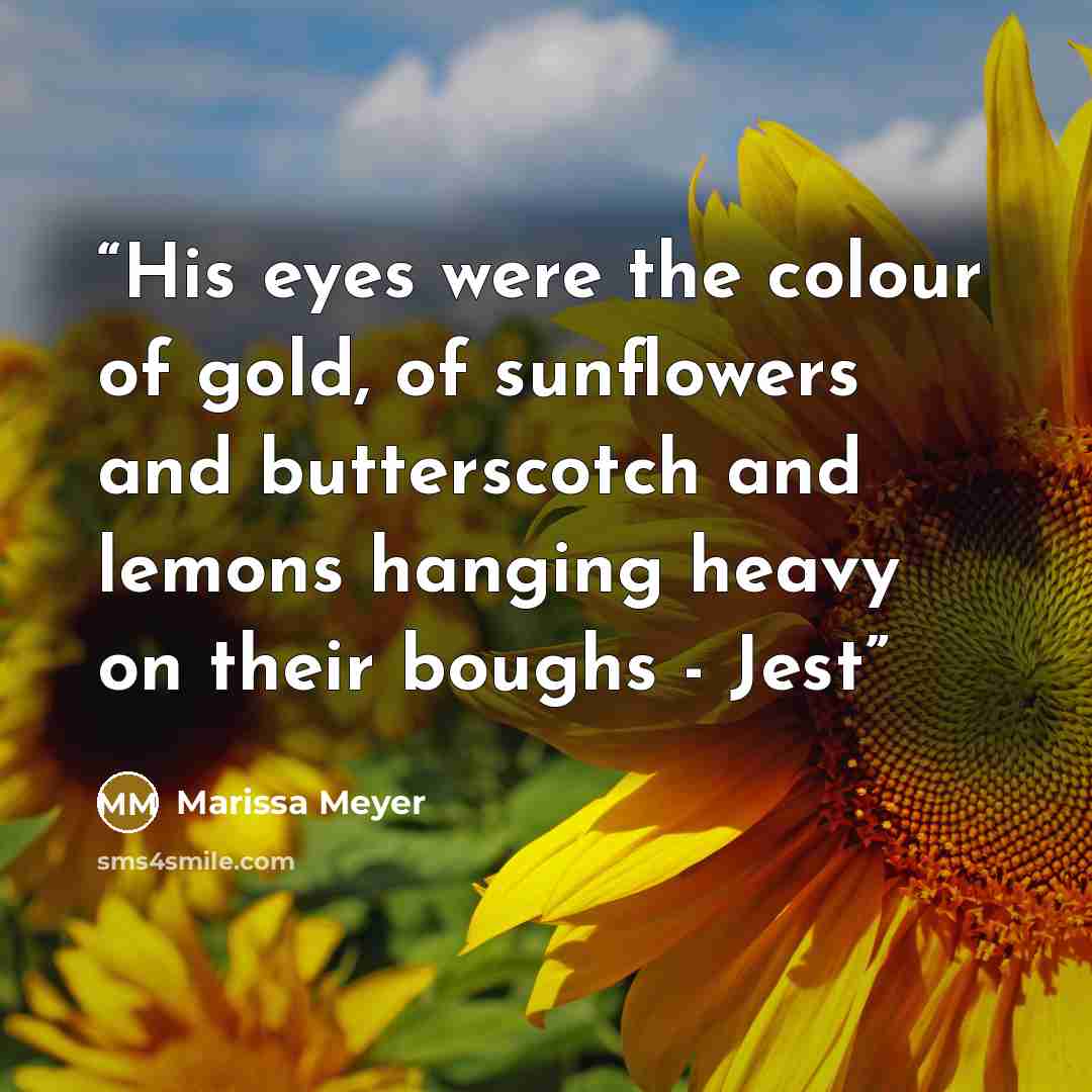 “His eyes were the colour of gold, of sunflowers and butterscotch and lemons hanging heavy on their boughs - Jest” quote by Marissa Meyer