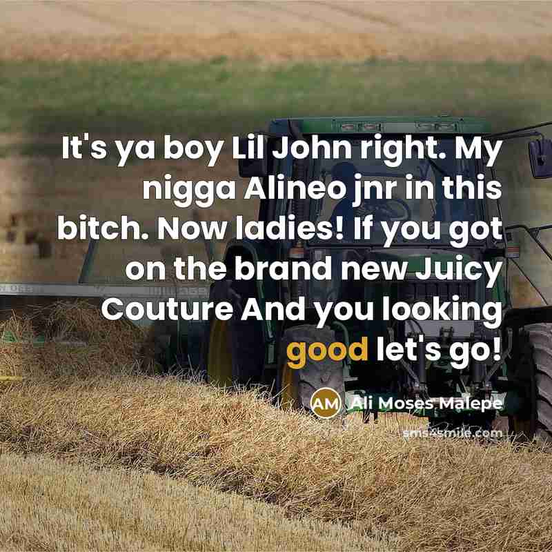“It's ya boy Lil John right. My nigga Alineo jnr in this bitch. Now ladies! If you got on the brand new Juicy Couture And you looking good let's go!” quote by Ali Moses Malepe