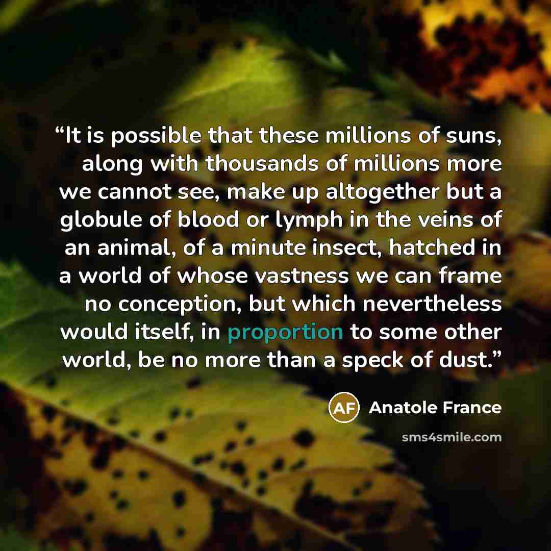 “It is possible that these millions of suns, along with thousands of millions more we cannot see, make up altogether but a globule of blood or lymph in the veins of an animal, of a minute insect, hatched in a world of whose vastness we can frame no conception, but which nevertheless would itself…” quote by Anatole France