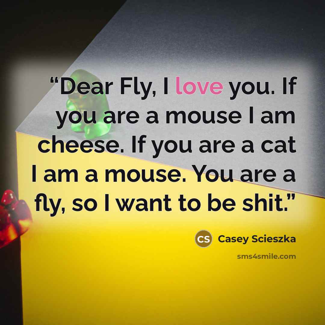 “Dear Fly, I love you. If you are a mouse I am cheese. If you are a cat I am a mouse. You are a fly, so I want to be shit.” quote by Casey Scieszka