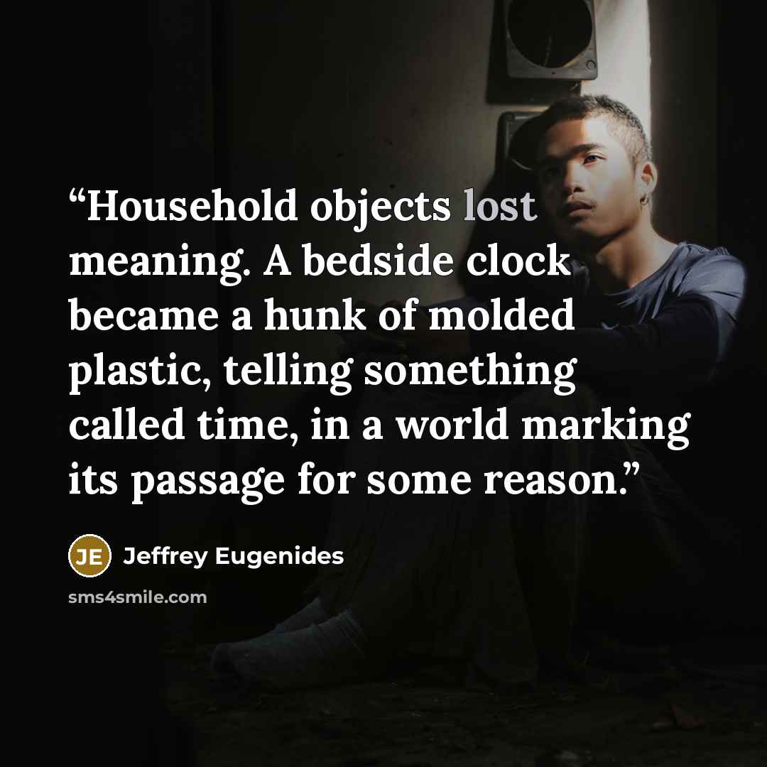 “Household objects lost meaning. A bedside clock became a hunk of molded plastic, telling something called time, in a world marking its passage for some reason.” quote by Jeffrey Eugenides