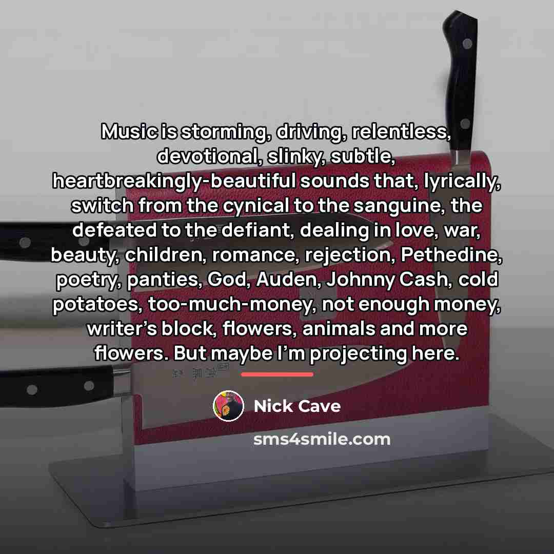 “Music is storming, driving, relentless, devotional, slinky, subtle, heartbreakingly-beautiful sounds…” quote by Nick Cave