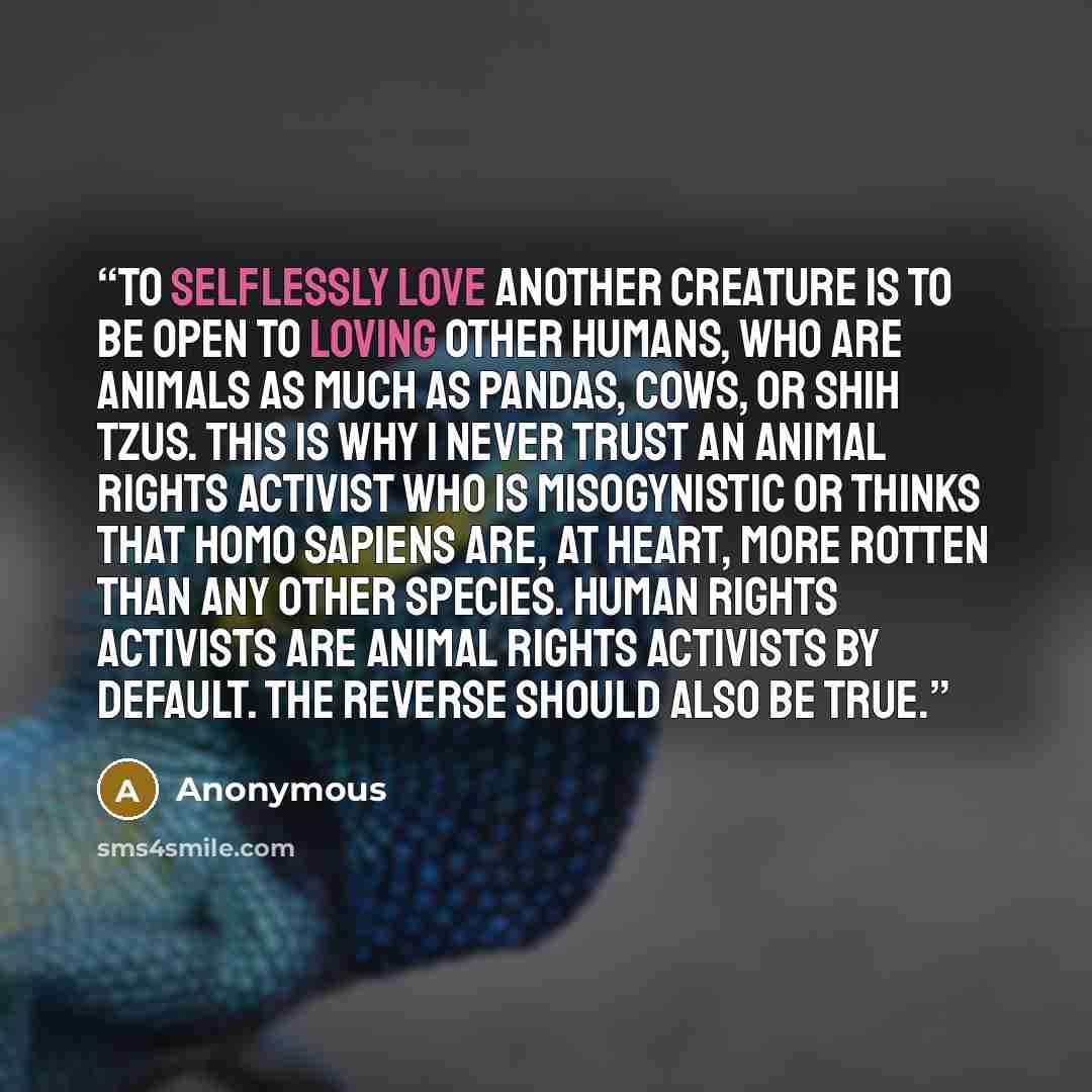 “To selflessly love another creature is to be open to loving other humans, who are animals as much as pandas, cows, or Shih Tzus. This is why I never trust an animal rights activist who is misogynistic or thinks that Homo sapiens are, at heart, more rotten than any other species. Human rights…” quote by Anonymous