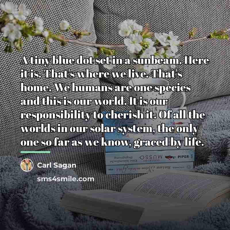 “A tiny blue dot set in a sunbeam. Here it…” quote by Carl Sagan