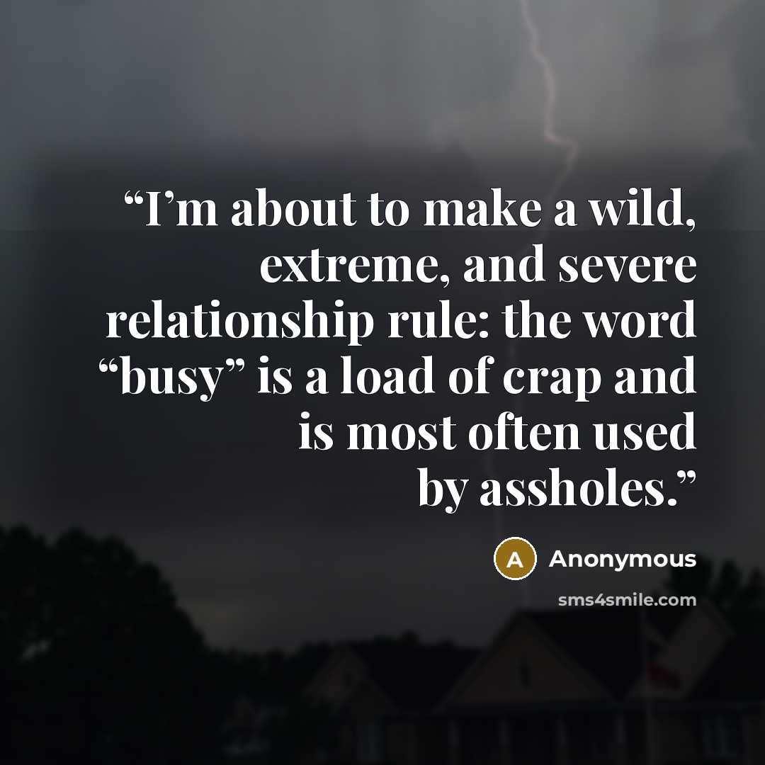 “I’m about to make a wild, extreme, and severe relationship rule: the word “busy” is a load of crap and is most often used by assholes.” quote by Anonymous