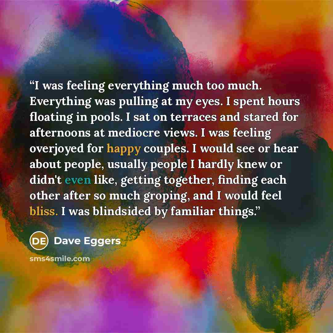 “I was feeling everything much too much. Everything was pulling at my eyes. I spent hours floating in pools. I sat on terraces and stared for afternoons at mediocre views. I was feeling overjoyed for happy couples. I would see or hear about people, usually people I hardly knew or didn't even like…” quote by Dave Eggers